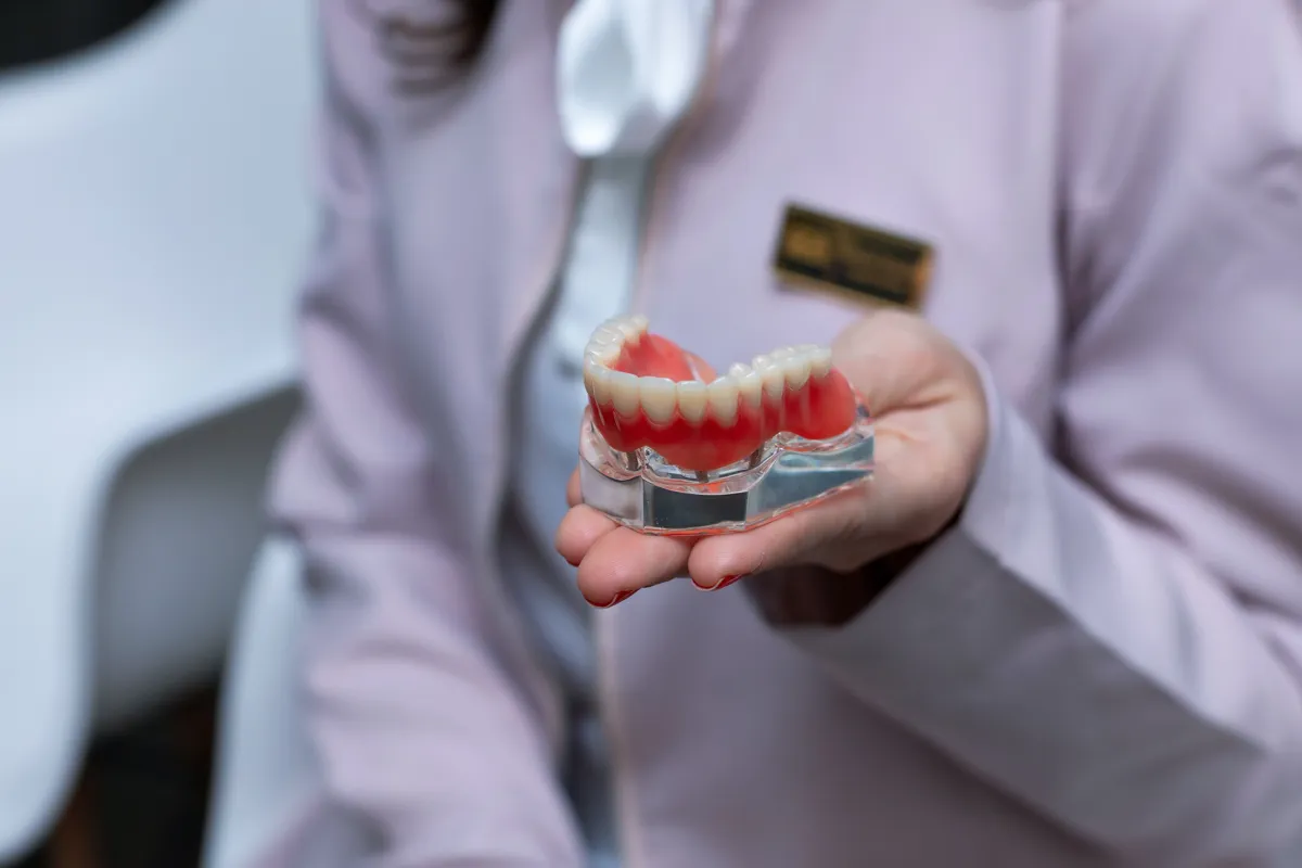 Clinician holding a snap-on implant denture model showing the implant attachments